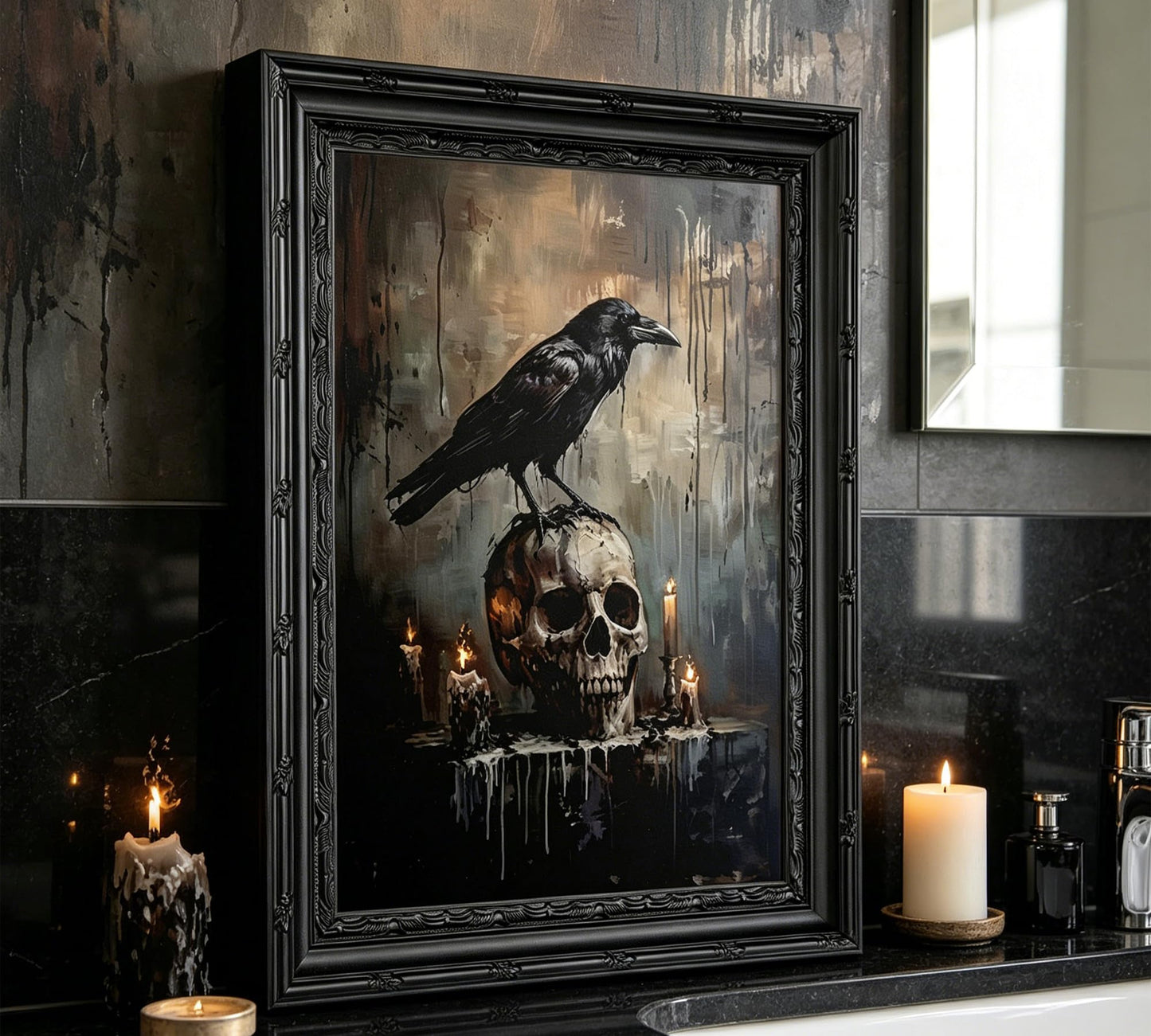Gothic Crow & Skull Wall Art, Dark Academia Raven Perched on Skull Framed Canvas Wall Decor, Macabre Halloween Art for Home, Living Room, Bedroom, 9x11 Inch