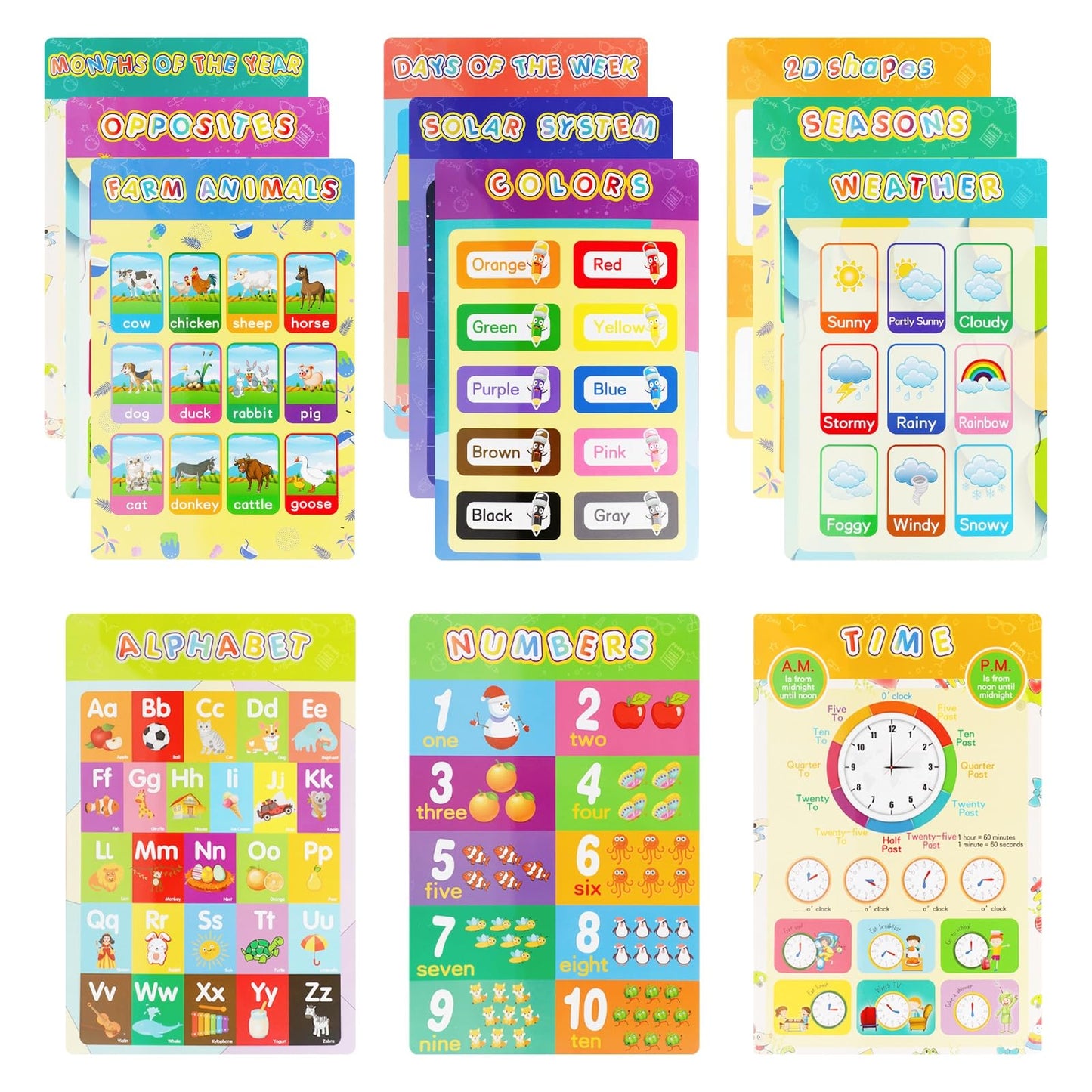 Educational Posters for Elementary Preschool Kindergarten Classroom Learning, Preschool Learning Posters for ABC Alphabet, Time, Number, Months, Colors, Weather, Galaxies , Animals, More, 16.5x11 Inch(12P Style C)