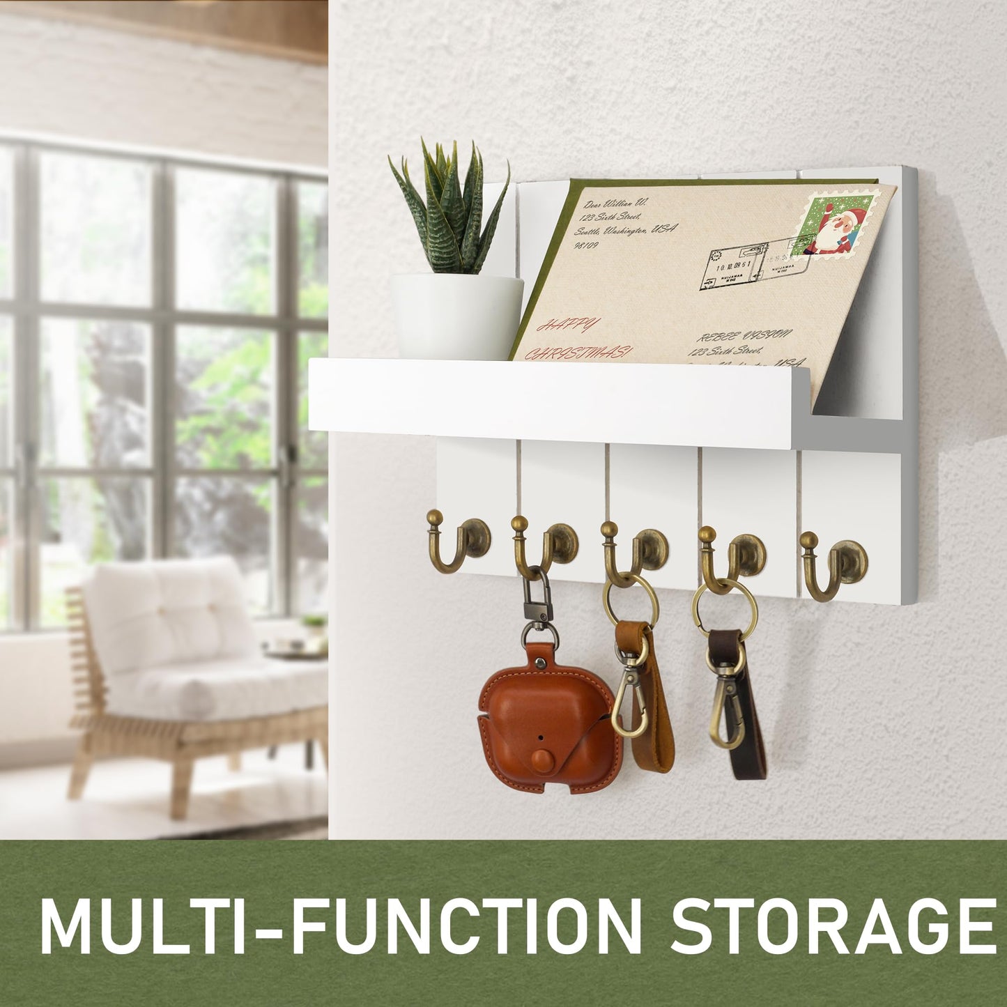 Rebee Vision Key Holder for Wall - Decorative Mail Organizer Wall Mount with 5 Key Hooks for Modern Farmhouse Apartment Essentials - Home Decor for Living Room (Rustic White, 3.54"D x 10"W x 7.28"H)