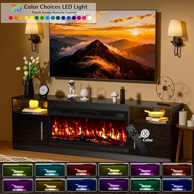 PRETZI Fireplace TV Stand with 36" Fireplace Up to 80" TVs, Remote Control