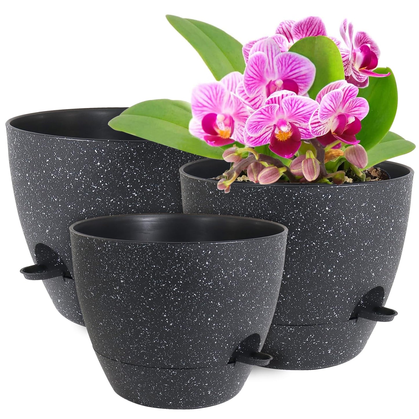 WSMKSZ 12/10/9 inch Large Self Watering Pots, Planter, Plant Pots with Mesh Drainage Holes for Indoor Outdoor Garden Plants, Plastic Flower Pots with Removable Deep Reservoir, Speckled Black