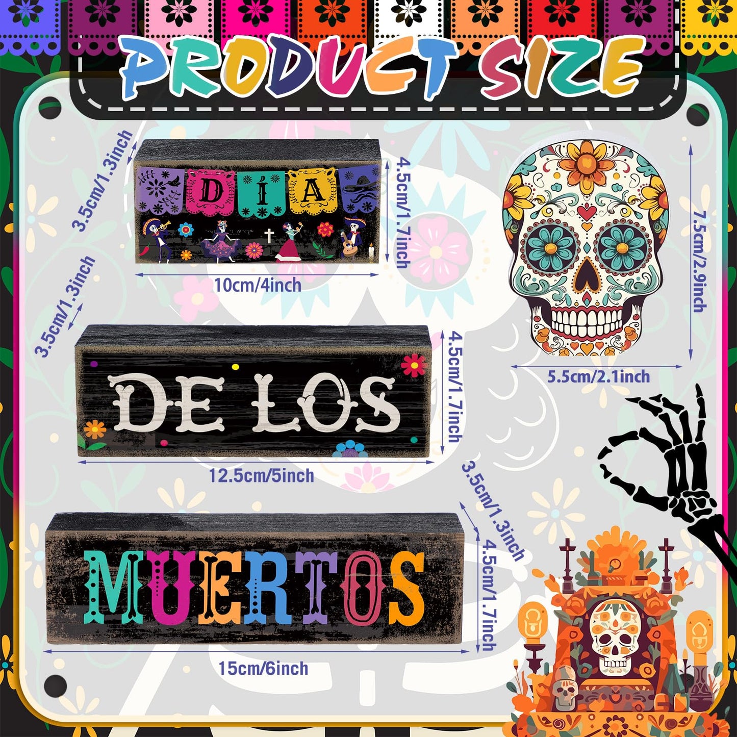 Lineshading 4 Pcs Day of The Dead Table Decorations Day of The Dead Centerpiece for Table Dia De Los Muertos Tiered Tray Decor Wood Sugar Skull Block Signs for Halloween Party Home Shelf Decoration