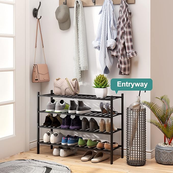 viewcare Black 4-Tier Long Shoe Rack, Bamboo Wood