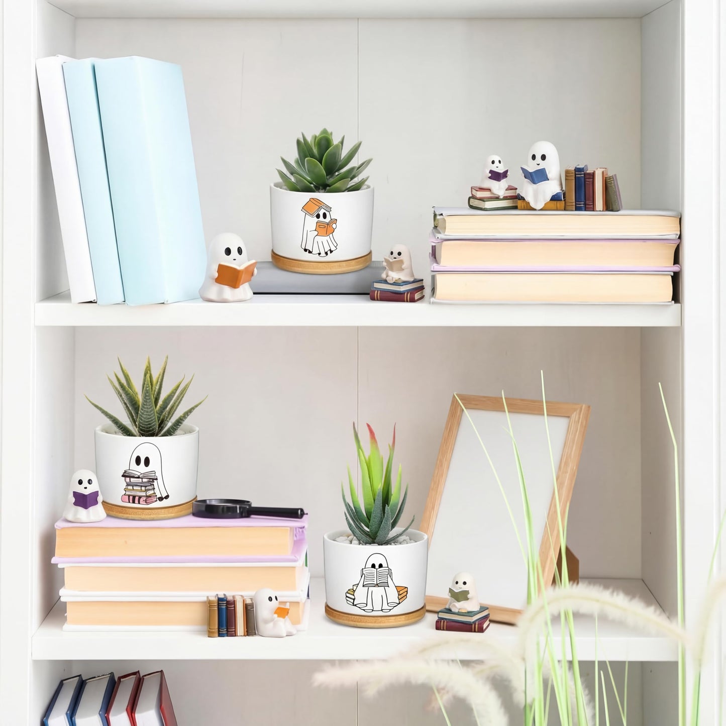 Mimorou 3 Pcs Book Lover Gifts, Cute Ghost Reading Succulent Planters with Bamboo Trays, Small Ceramic Plant Pots for Indoor Plants, Bookish Gifts for Readers, Teachers, Book Lover Desk Decor