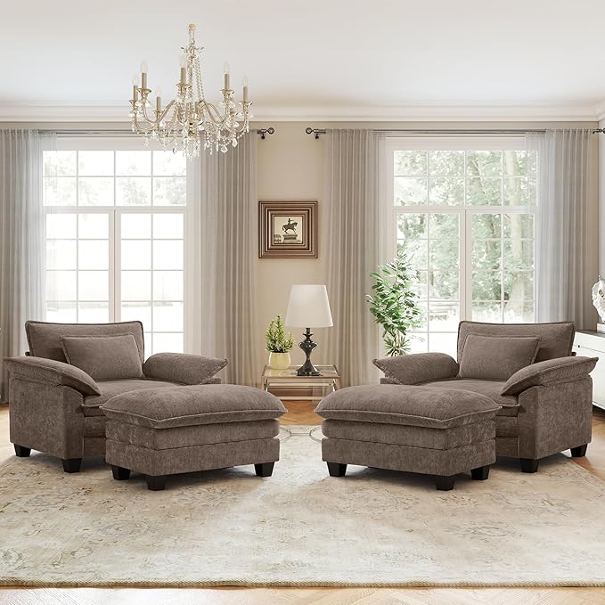 Oversized Accent Chair with Ottoman Set of 2, Upholstered Armchair with Extra