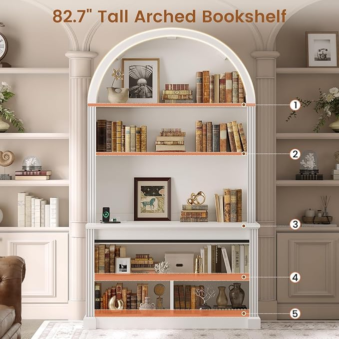 SEDETA 67" L Shaped Desk with Tall Arched Bookshelf, Mid-Century Office