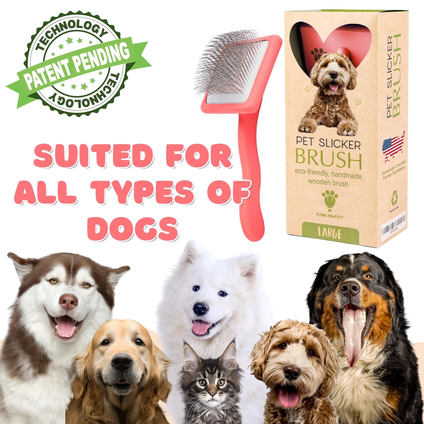 Flying Pawfect Dog Slicker Brush for Grooming Pet Hair - Best Slicker For Poodle & Golden Doodle - Long Haired Tool For Dogs - Goldendoodle Long Pin Brush For Dematting (Large)
