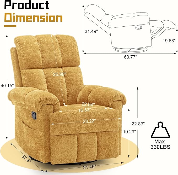 Korser Recliner Chair, Swivel Rocker Recliner Chair