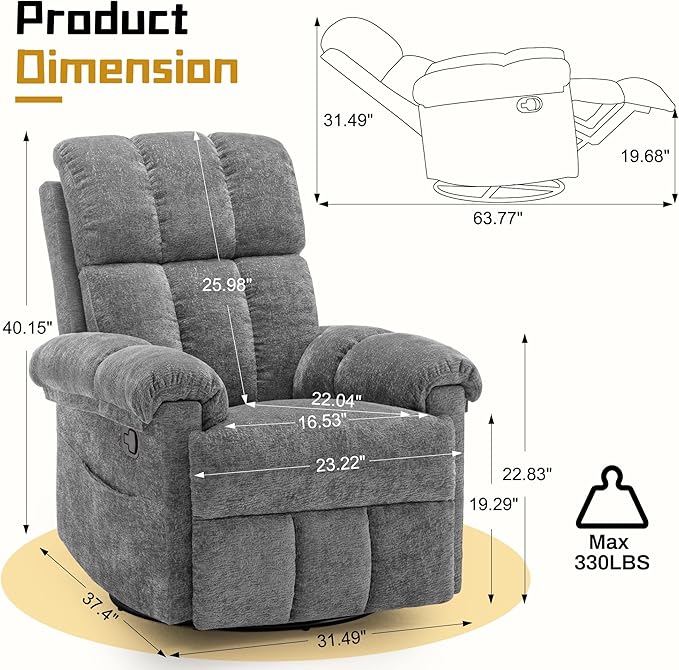 Korser Recliner Chair, Swivel Rocker Recliner Chair