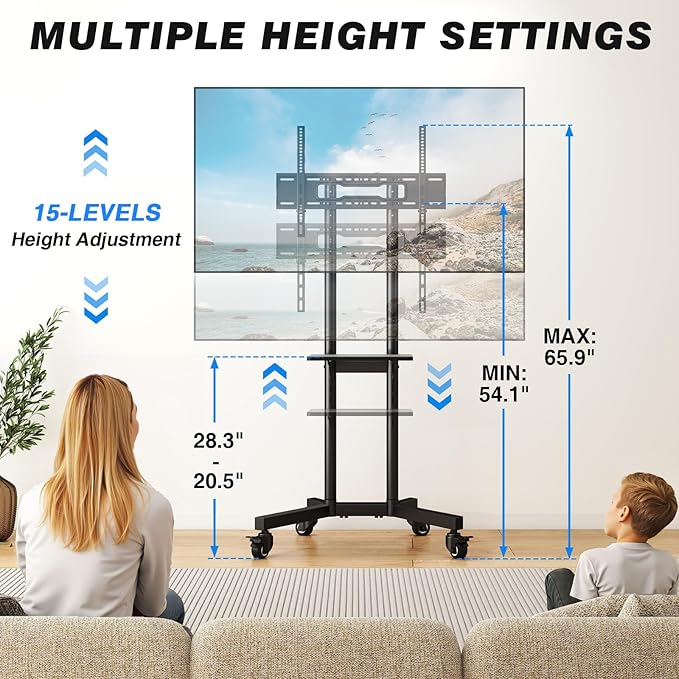 Rolling TV Stand with Shelf for 32-85 inch TVs up to 150lbs, Portable Mobile TV
