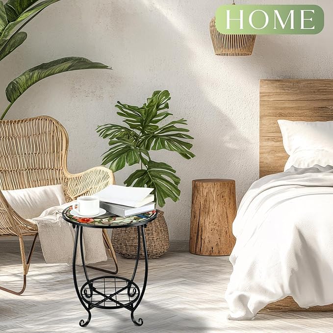 Cinnvoice Outdoor Side Table Round Small Mosaic Patio Accent Indoor End Plant