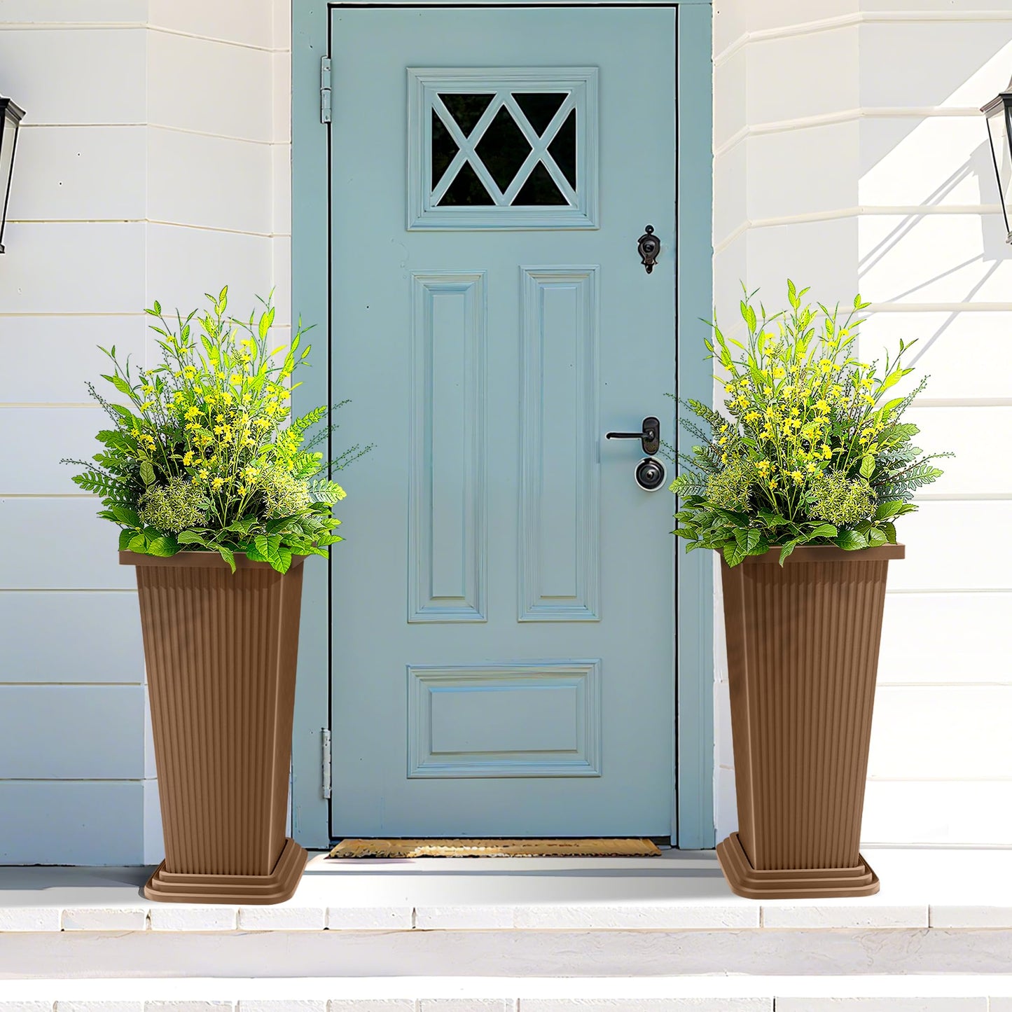 FENCY Set of 2 Tall Planters for Outdoor Plants, 24 Inch Large Tapered Pots with Drainage Trays, Weather-Resistant Plastic Plant Containers for Patio, Porch, Garden, Front Door Decor,Brown, Striped