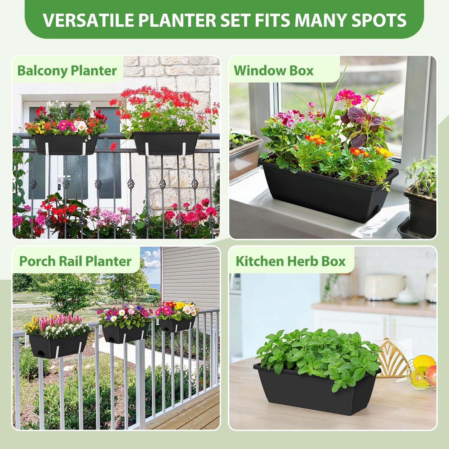 OYEAL Railing Planter Box Outdoor 4 Pack Hanging Balcony Planters 17 Inch Window Boxes Planter with Adjustable Brackets Plastic Flower Pots for Garden Deck Porch Railing Balcony Fence, Black & White