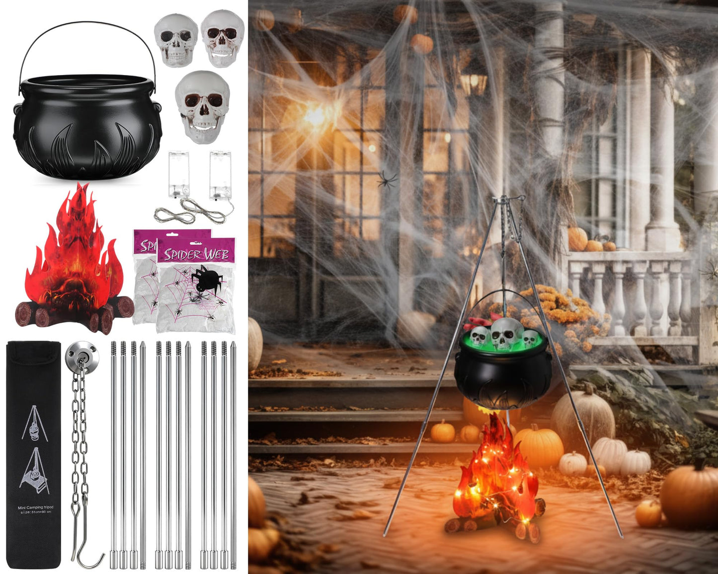 WinnerWhy 11 Pcs Large Witches Cauldron Halloween Decor Set Cauldron on Tripod with Spider Webs Fake Fire String Lights Skulls for Halloween Indoor and Outdoor Party Supplies