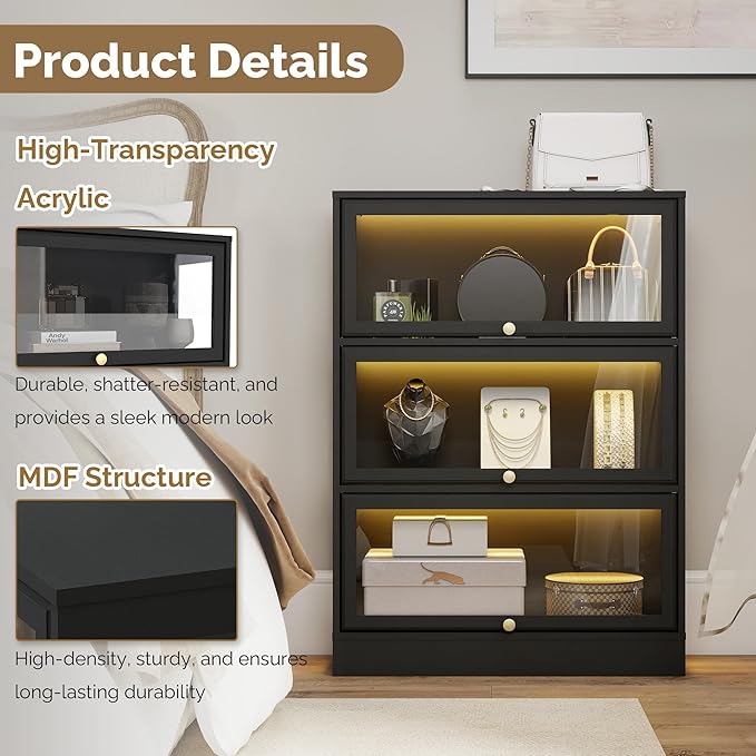Display Cabinet with Acrylic Glass Doors, 3-Tiers Curio Cabinet with LED