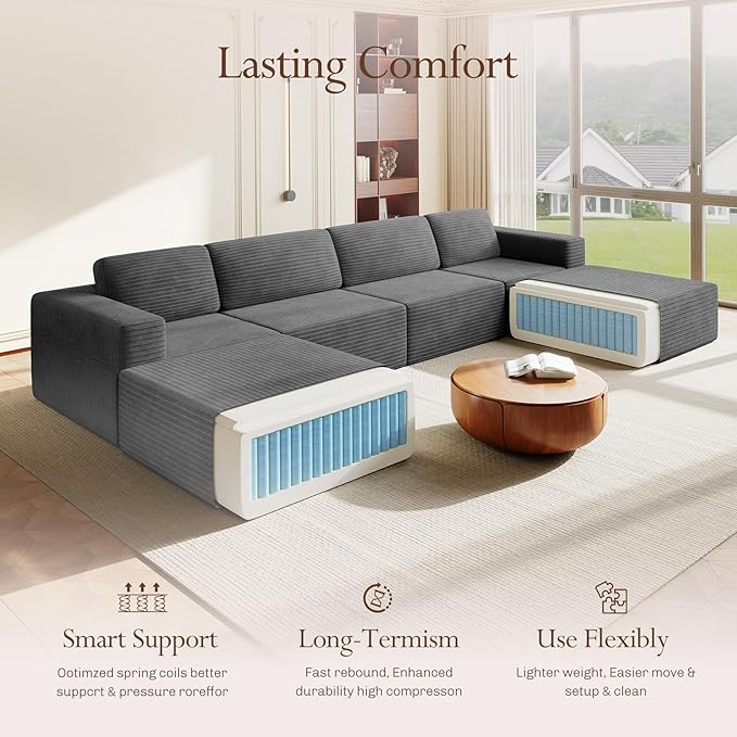 Vesgantti 159" Large Modular Sectional Sofa, U-Shaped Corduroy Cloud Couch
