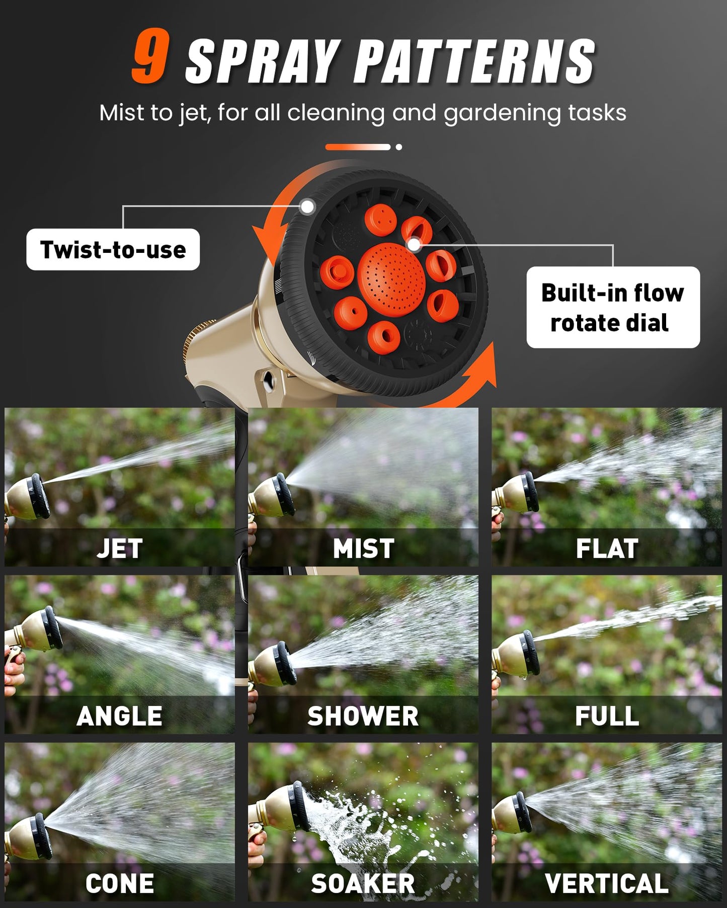 RAINPOINT Garden Hose Nozzle, 9 Spray Patterns Hose Sprayer Nozzle, Heavy Duty Metal Water Hose Nozzle, Adjustable Hand Sprayer, Watering Plants and Lawn, Pet Showering, Orange