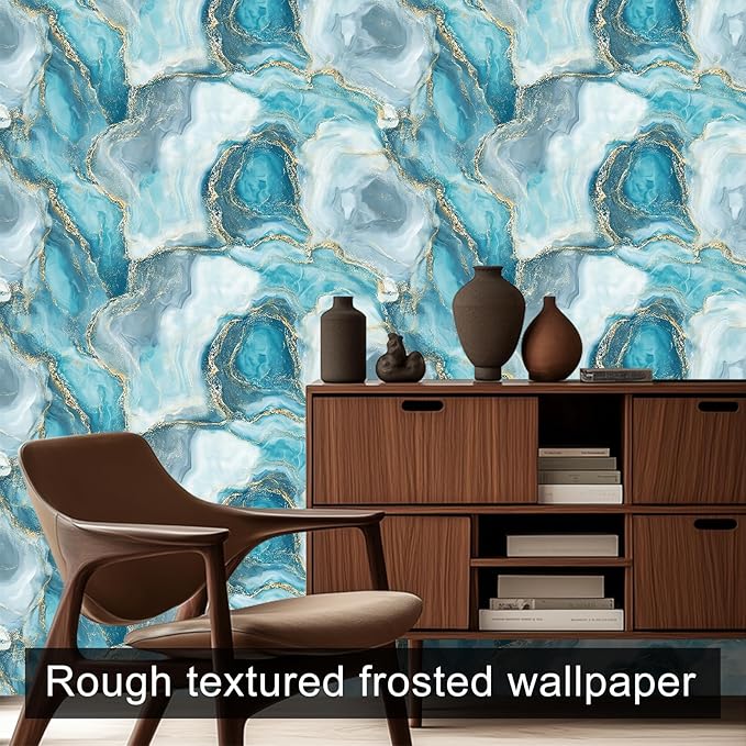 HOMETITUTE Teal Agate Marble Wallpaper Peel and Stick Blue Stone Pattern