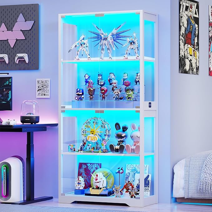 BROTTAR Display Cabinet with Glass Doors, 4-Tier Curio Cabinet with 3 Color