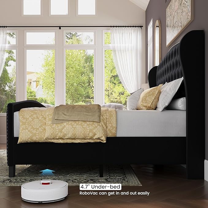 BRELTAM Upholstered King Size Bed Frame Velvet Black Tufted Platform Bed Frame