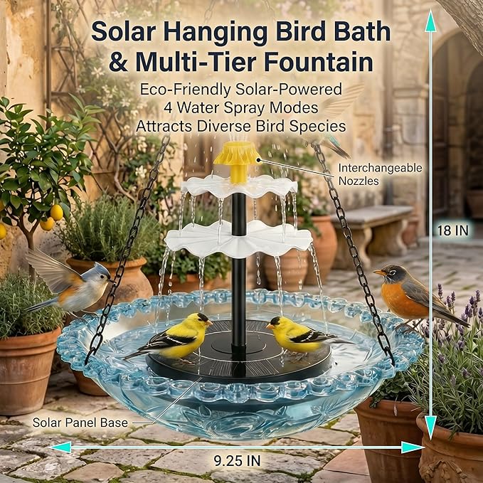Solar Cascade Hanging Bird Bath Fountain, Solar Fountain Pump with 8 Nozzles, Hanging Bird Bath with Water for Outdoors Garden Patio Backyard Lawn Decor (Red)