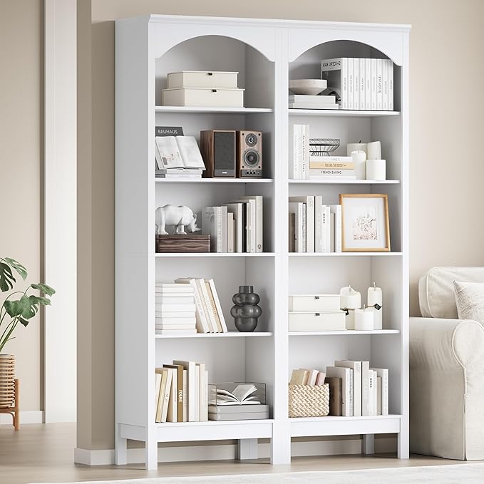 Arched Set of 2 Bookshelf with 5 Tier Open Shelves, Living Room, Modern White
