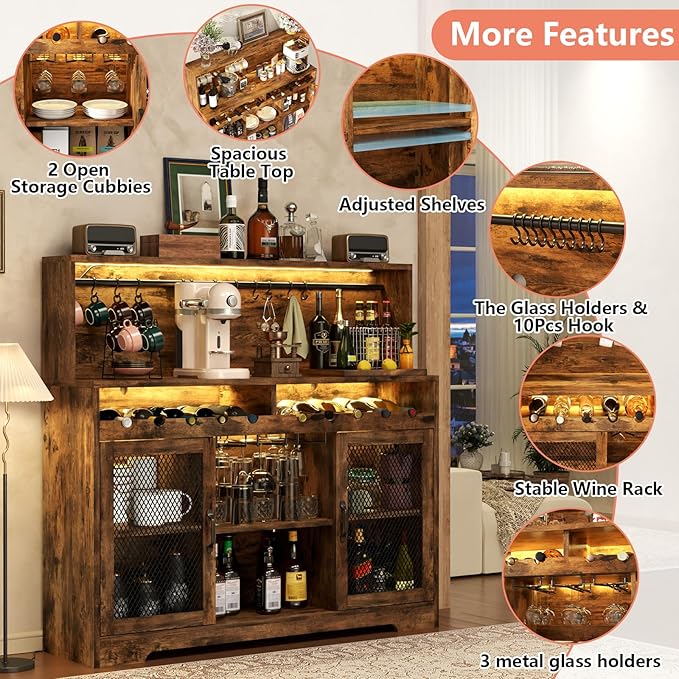 Loomie Wine Bar Cabinet with LED Light, Liquor Cabinet with Glass Holder