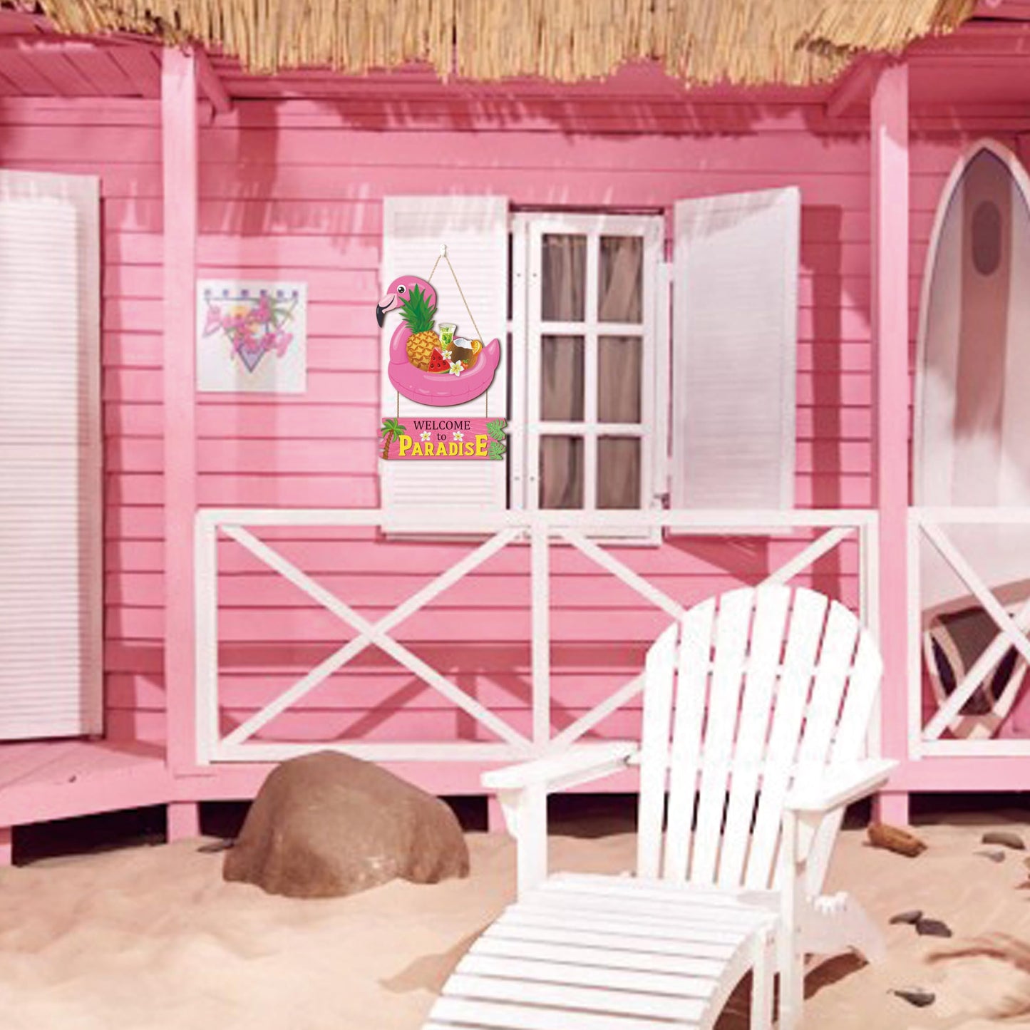 HOURIA Welcome to Paradise Door Sign(16”*11.4”), Pink Flamingo Hawaiian Summer Beach Wall Hanging Sign, Summer Coastal Tropical Fruit Coconut Tree Door Decor for Front Door Porch Pool Yard Beach Bar