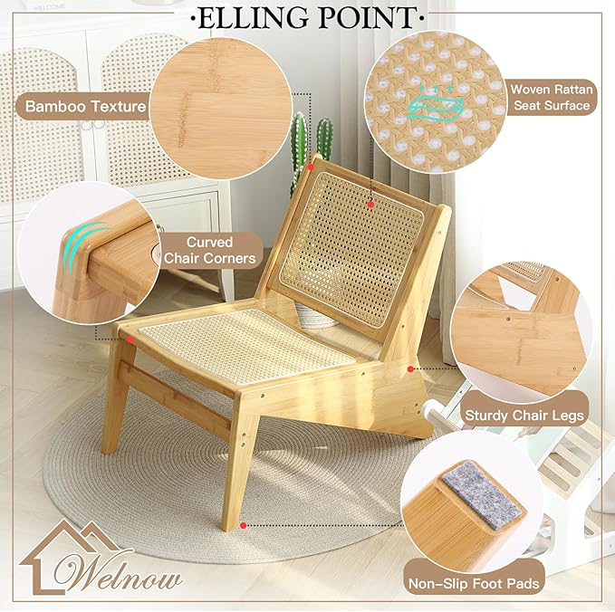 Welnow Mid Century Rattan Accent Chair, Bamboo Wood Lounge Chair