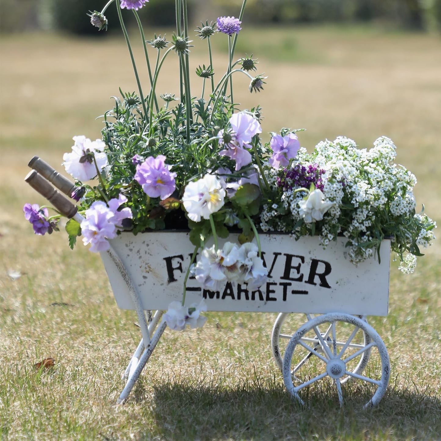 Z² BellaDecor 15 Inch Farmhouse Small Flower Cart with Wooden Handles Metal Wagon Planters for Outdoor Plants Decorative Wheelbarrow Plant Cart for Patio Garden Balcony White