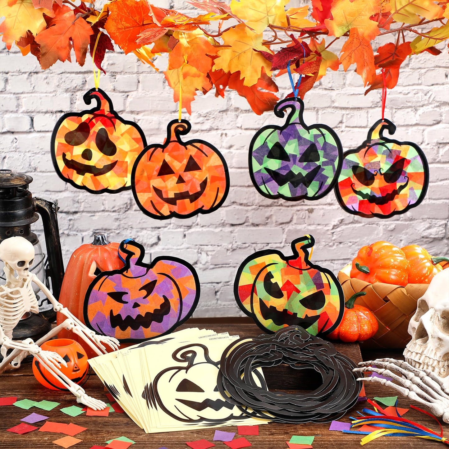 Yaomiao 30 Set Halloween Pumpkin Suncatchers Paper Crafts Kit DIY Shaped Stained Glass Effect Tissue Paper Hanging Suncatchers for Halloween Home Birthday Party Favors Gifts