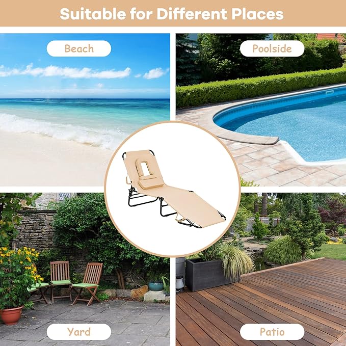 Folding Beach Lounge Chair w/ 5 Adjutable Backrest & Padded Pillow, Sunbathing