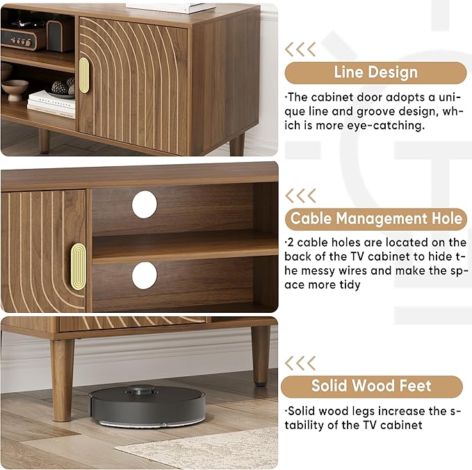 Smuxee Walnut TV Stand with Line Groove Design, 47.2" Mid Century Modern TV