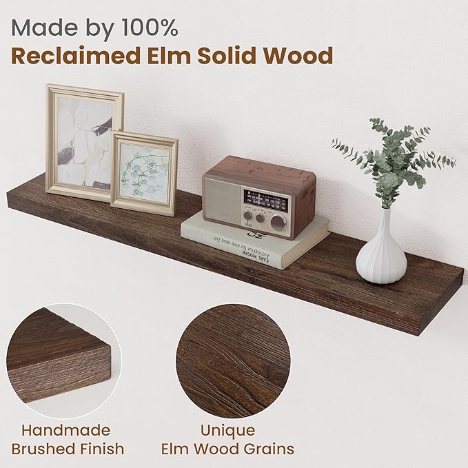 Floating Shelves for Wall Decor, 8 Inch Deep Rustic Solid Elm Wood Floating
