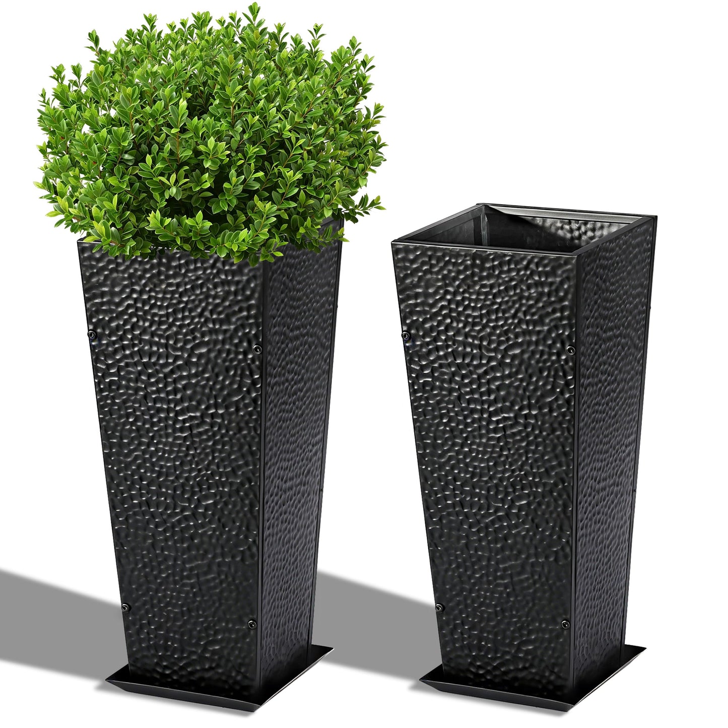BAYN 2-Pack 24" Tall Metal Planter – Hand-Hammered Textured Large Black Flower Pots Box with Saucer for Outdoor&Indoor, Garden, Porch, Patio, Yard with Pre-Drilled Drainage Holes