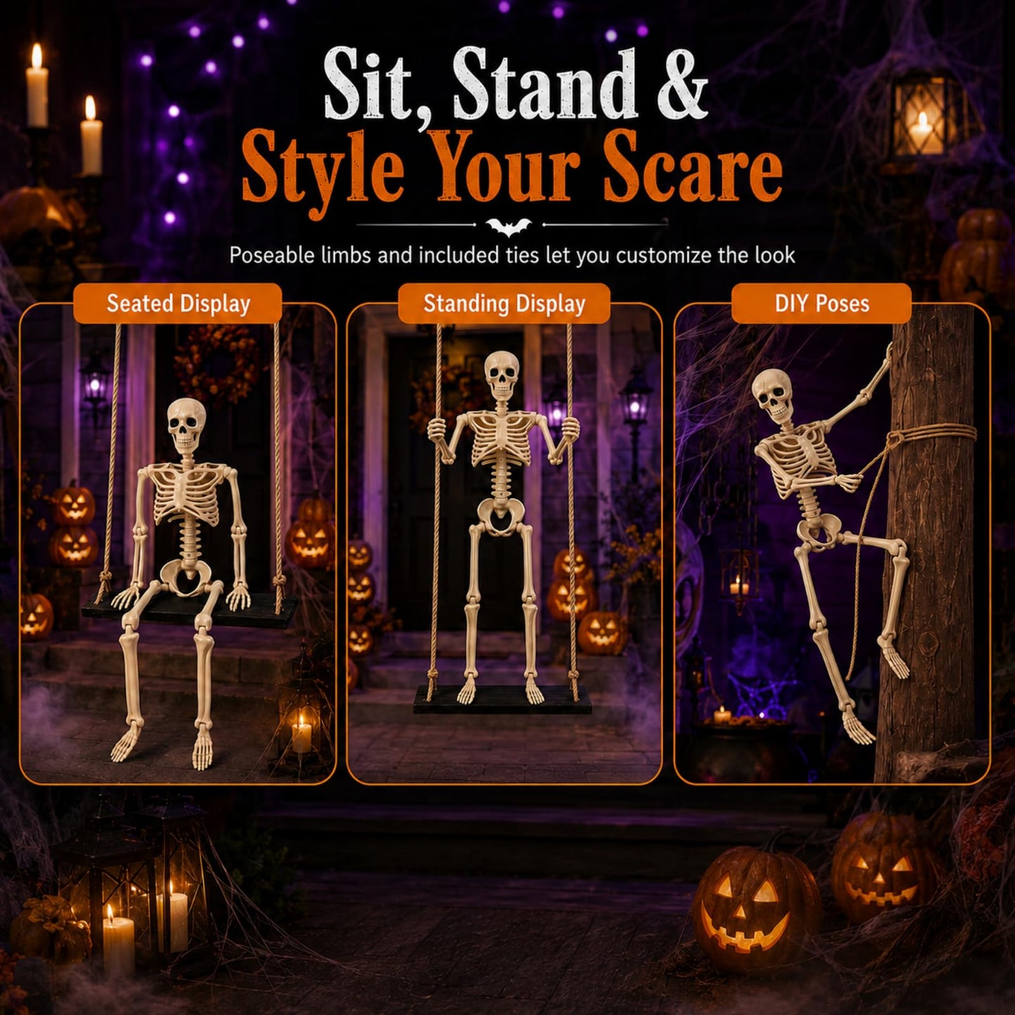 Sintuff Halloween Swinging Skeleton on Swing, Outdoor Swinging Ghost Decor, 35.4" Hanging Skeleton with 13.8" Wooden Seat for Yard, Porch, Tree, Spooky Halloween Decorations