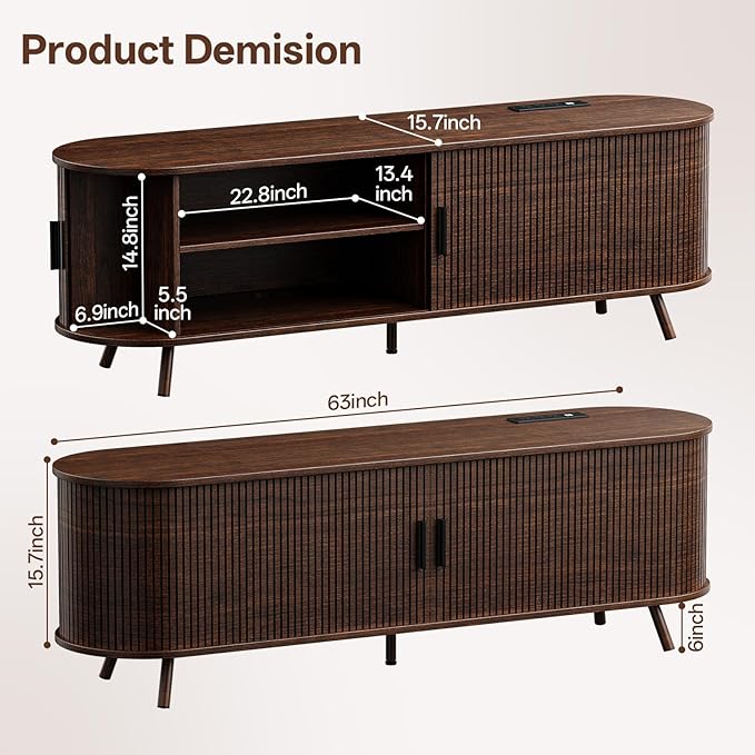 63 inch TV Stand with Power Outlet, Fluted Entertainment Center