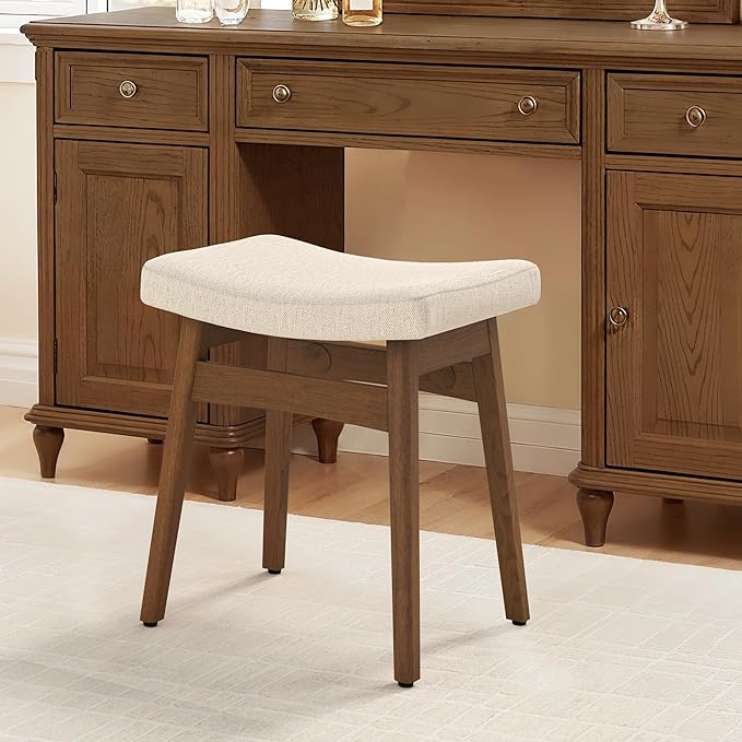 LUE BONA Solid Wood Vanity Bench Stool, 17.3" H Ergonomic Saddle Stool