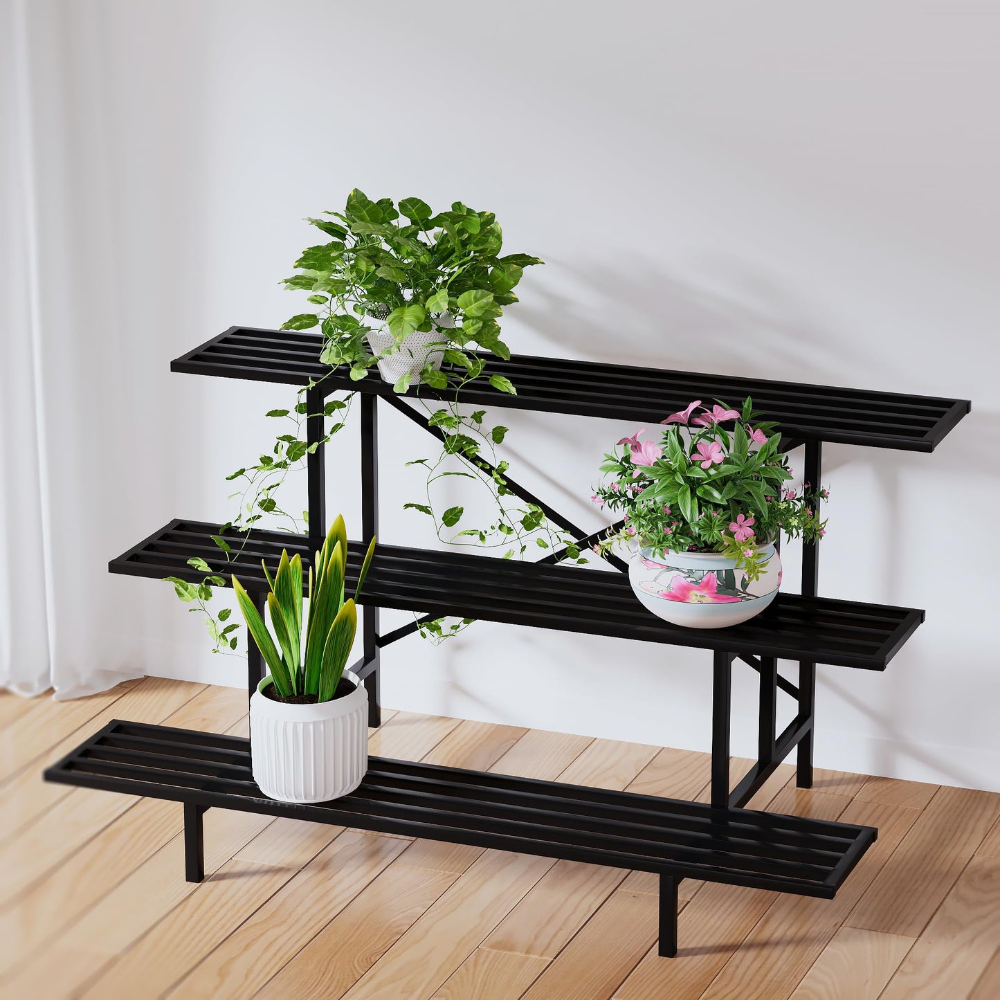 Zhongma 3 Tier Sturdy Metal Plant Stand, L45.67 x W26 x H23.6 inch, Heavy Duty Plant Holder for Home Indoor and Outdoor, 660 LBS Capacity & Heavy Duty Construction