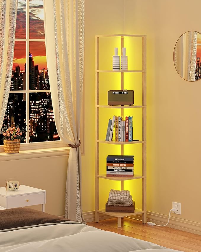 TUTOTAK Corner Shelf with LED Light, 6-Tier Corner Bookshelf