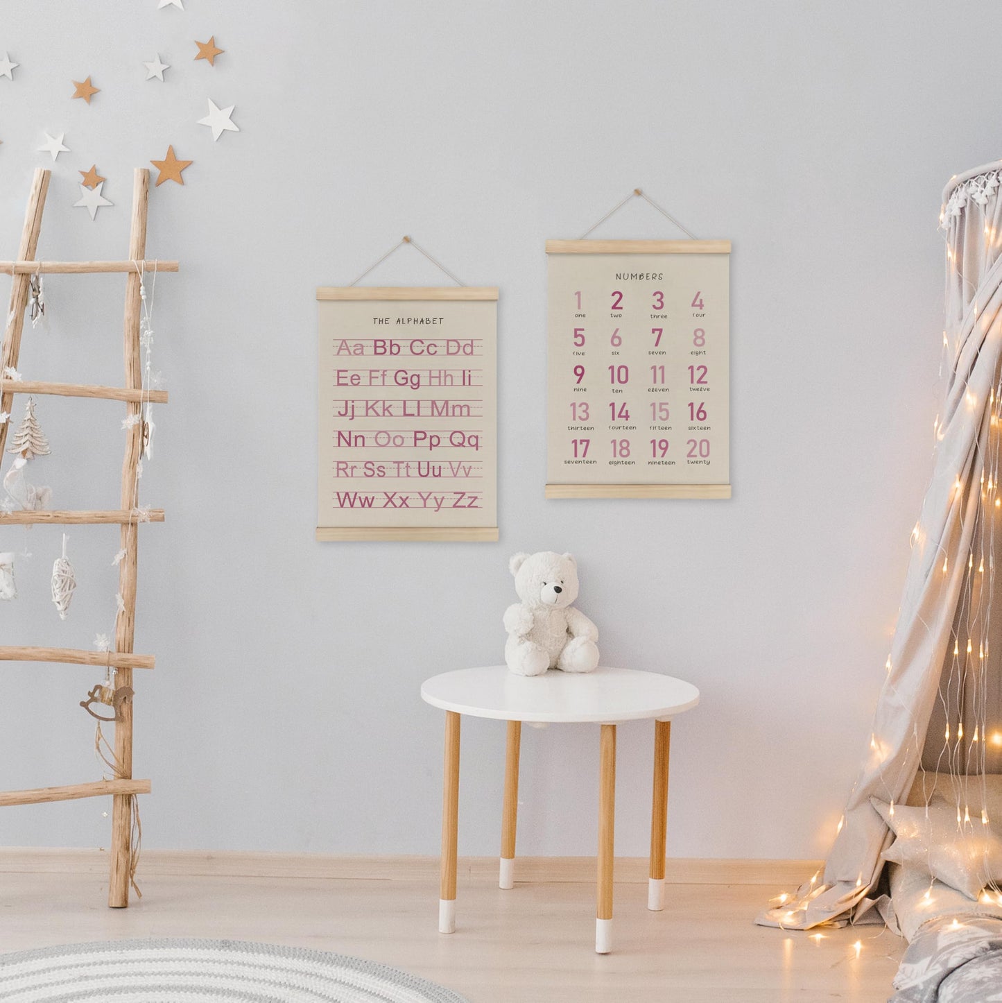 HRQKO Alphabet Numbers Poster Hanger Frame Set of 2, Pink Girls Nursery Wall Decor, ABC Poster Wall Art with Wooden Frames, Pink Alphabet Banner Wall Hanging Decor for Toddler Playroom, 12x16 Inch