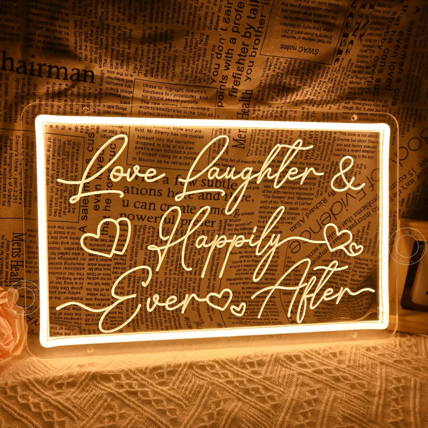 SYLHOME Led Neon Light Sign Love Laughter Happily Ever After Wedding Backdrop Home Bedroom Living Room Wall Sign Decor Birthday Christmas Party 15.75" X 9.84" USB