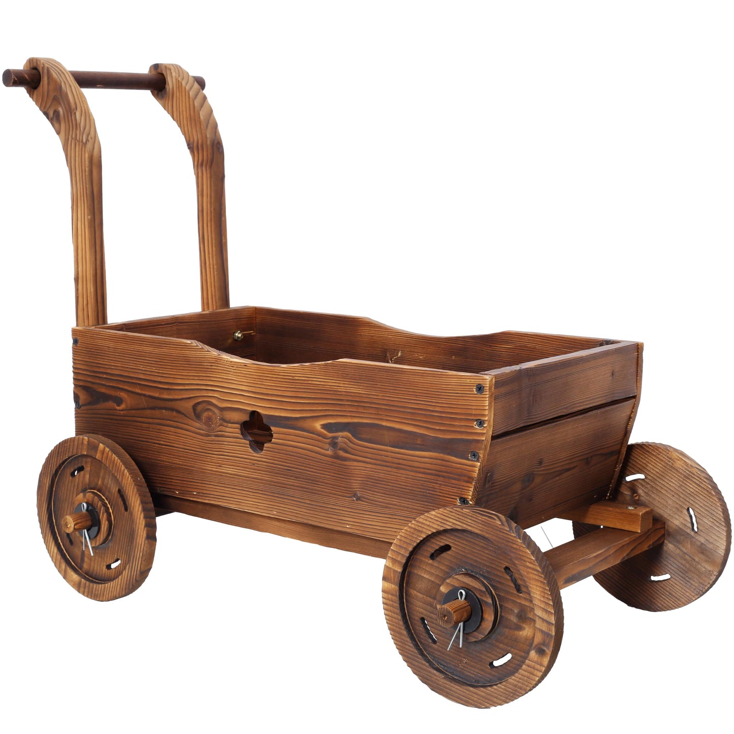 VRAXO Wooden Wagon Planter Box, Mobile Garden Planter with 4 Wheels, Handle, Drain Hole, Decorative Flower Planter for Indoor & Outdoor Decor, Wooden Flower Cart for Patio, Garden, Balcony, Brown