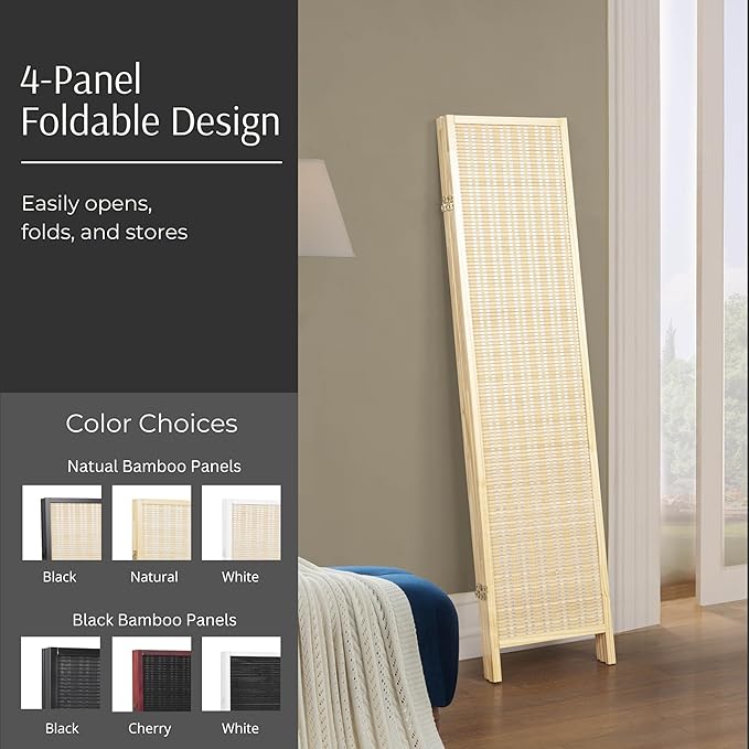 Roundhill Furniture Inkwell 4-Panel Bamboo Room Divider, Folding Portable