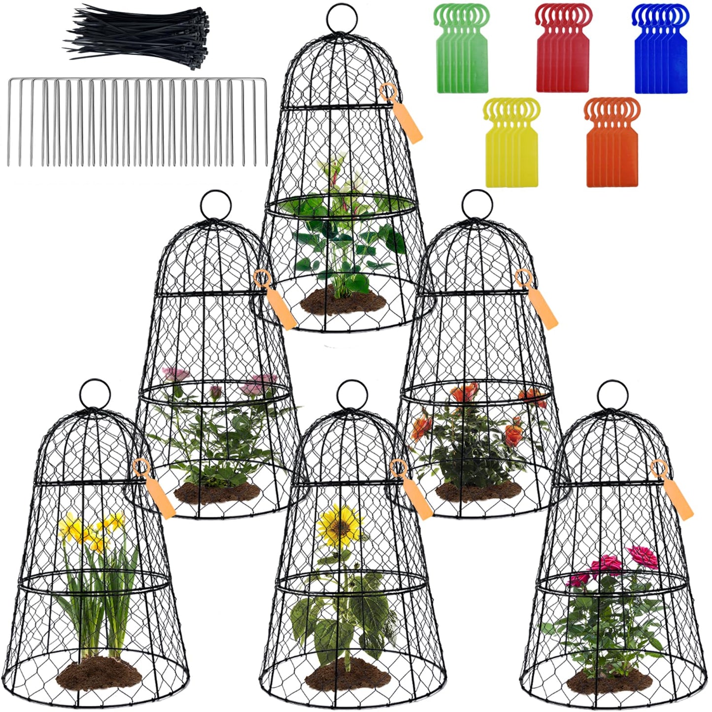6 Pack 11.4" D x 17.7" H Garden Cloches for Plants,Rustproof Chicken Wire Cloches Flip-Top Design,Upgraded Triple Combination,Plant Protectors from Animals,Ideal for Outdoor Plant Protection