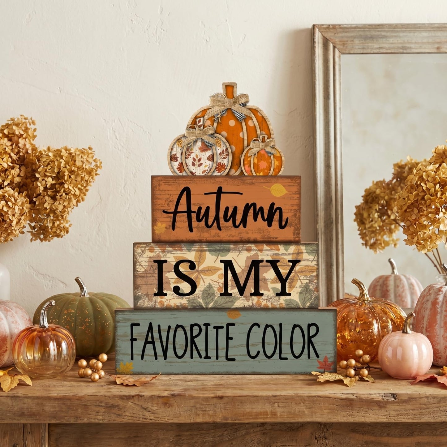 Lineshading 4 Pcs Fall Pumpkin Decor Fall Table Decoration Thanksgiving Tiered Tray Decor Thanksgiving Centerpiece Rustic Stacked Pumpkin Block Signs Farmhouse Harvest Decorations for Home Kitchen