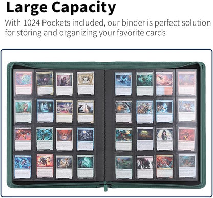 Snekdy premium 1024-pocket trading card binder, 16-pocket cards album, waterproof PU-leather Cover album with side loading, holds gaming, baseball, basketball & sports cards Green
