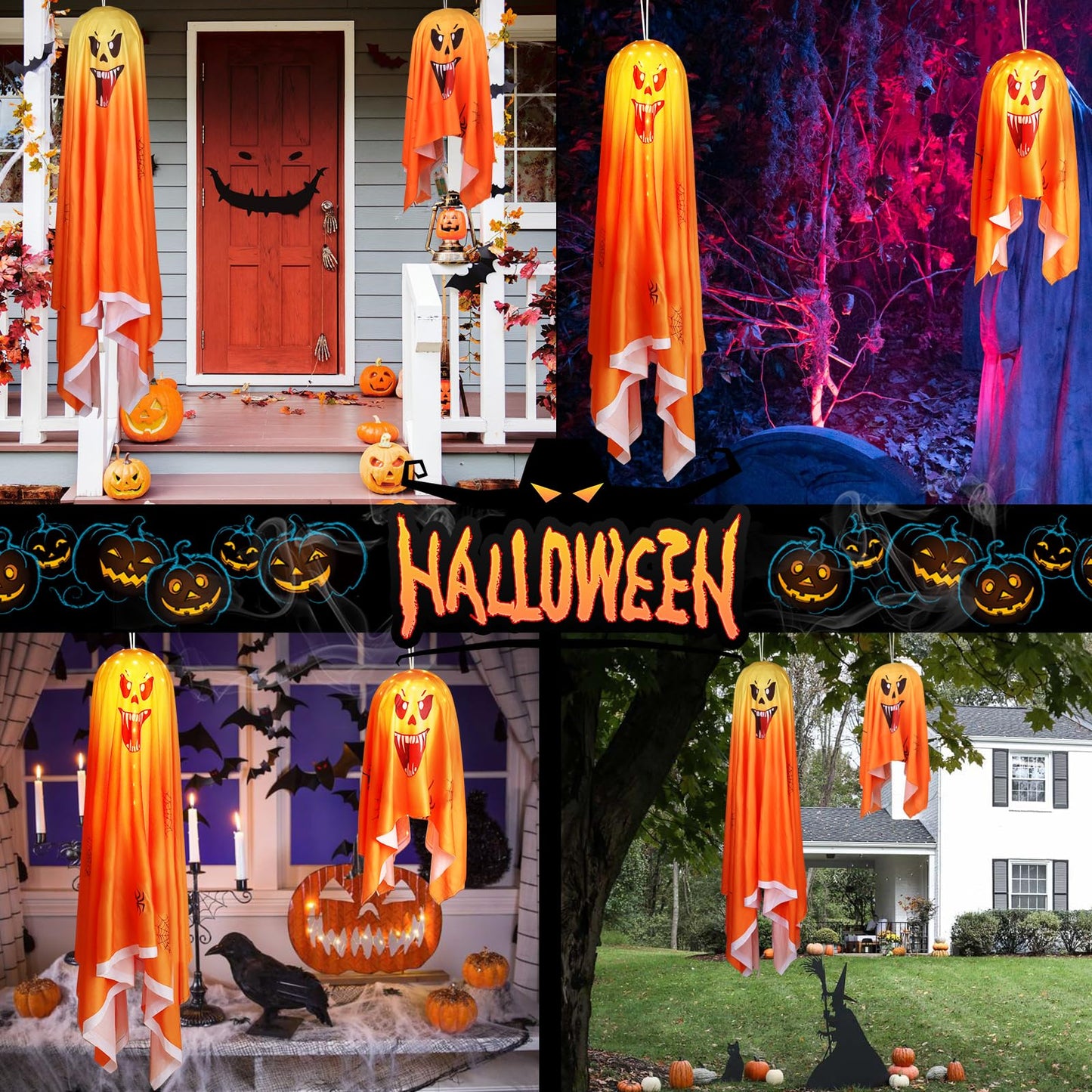 FUNIAO (New) 2 Pcs Halloween Decorations Outdoor, Spooky Ghost with String Lights, Halloween Haunted House Props Battery Operated for Porch, Tree, Patio, Yard, Front Door, Party - Orange