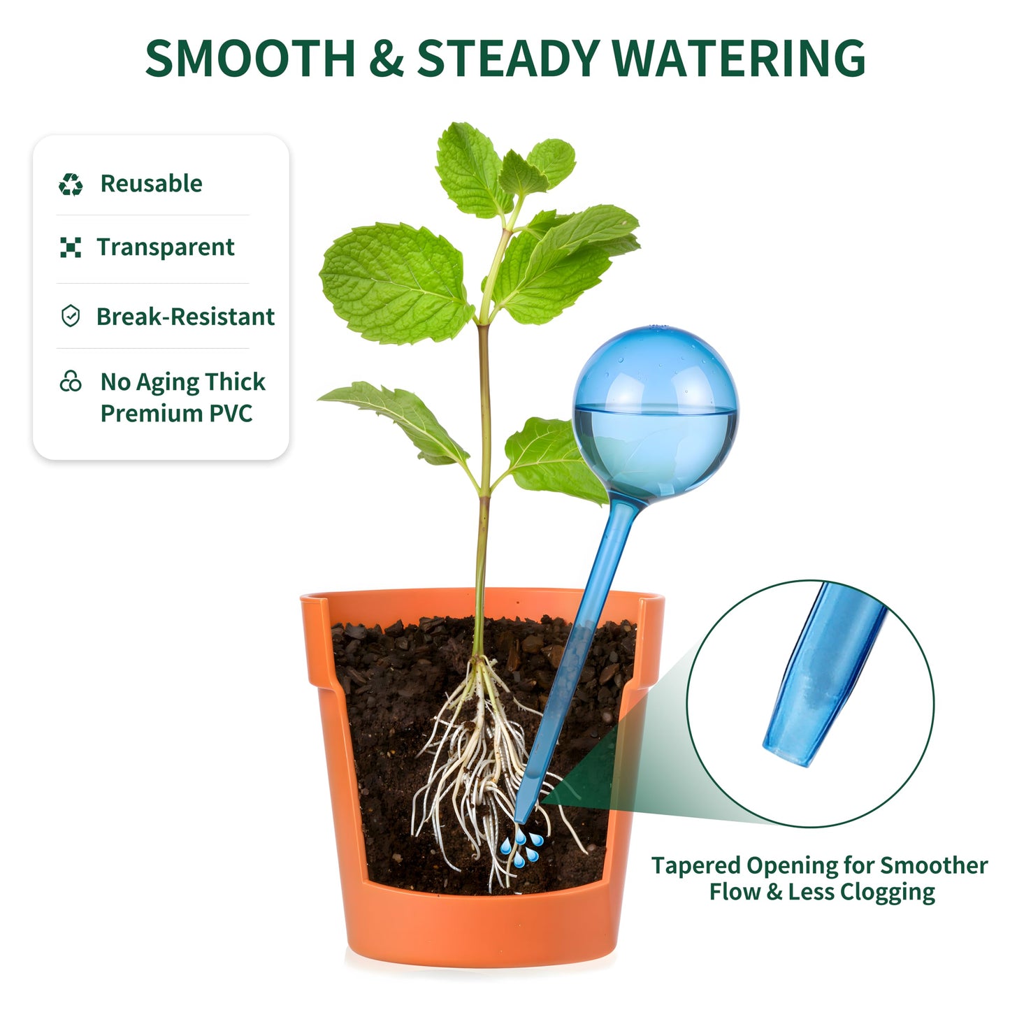 Soilagua 12-Pack Plastic Plant Watering Globes, Premium PVC Shatter-Resistant Plant Waterer, Self Watering Planter Insert with Tapered Opening, Automatic Watering Spikes for Daily & Vacation