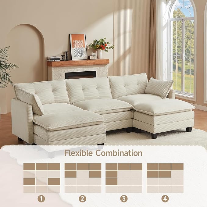 Amsleekey Modular Sectional Sofa, 111.5" U-Shaped Corduroy Comfy Sectional